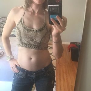 Tan beige halter crop bra top XS small med
